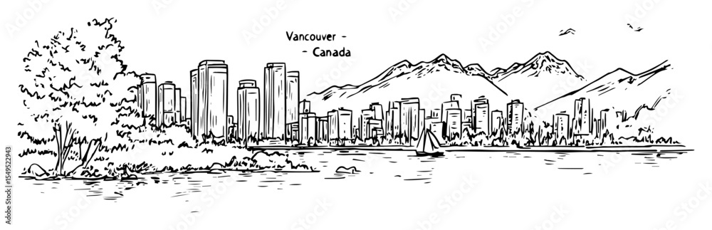 Obraz premium vancouver cityscape with mountains – monochrome outline vector illustration