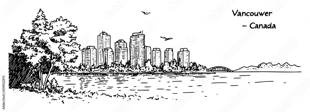 Obraz premium vancouver city and waterfront park – monochrome outline vector illustration