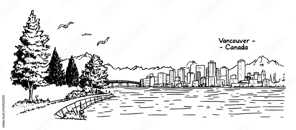 Naklejka premium vancouver skyline with sea and trees – black and white outline vector