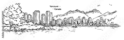 vancouver cityscape with mountains – monochrome outline vector illustration