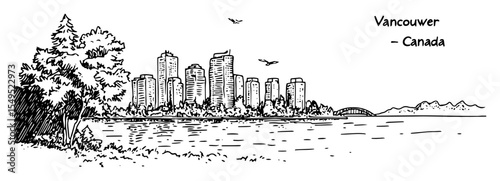 vancouver city and waterfront park – monochrome outline vector illustration
