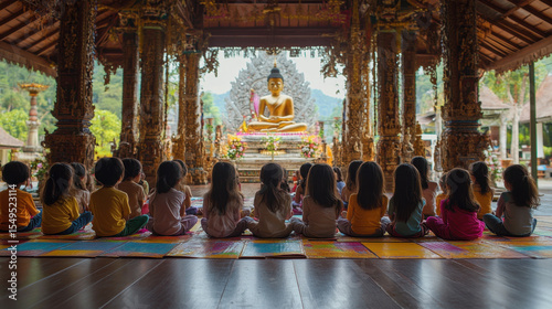 Children Sitting In Reverence Before A Golden Buddha Statue In A Southeast Asian Temple