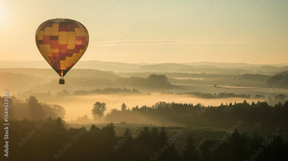 Fototapeta premium Breathtaking Views: A Hot Air Balloon Soaring Gracefully Over a Lush, Verdant Forest - Capturing the Enchanting Blend of Nature's Beauty and the Thrill of Adventure. Drift through the treetops in a vi