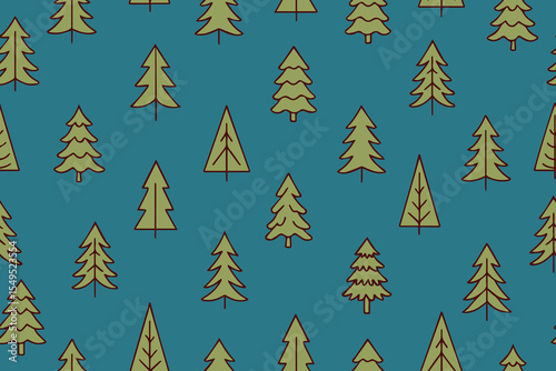 Christmas seamless pattern of green decorative Christmas trees in doodle style on blue background. Simple seamless background with New Year. Vector design for winter holidays, wallpaper, wrapping pape