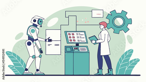 Robot and Scientist Collaborating on a Technological Project.