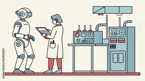 Robot and Scientist in a Futuristic Lab Setting.