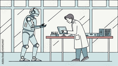 Human Scientist Interacting with Advanced Robot in Lab.