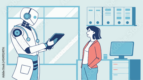 Robot Doctor Consulting with a Patient Using a Tablet.