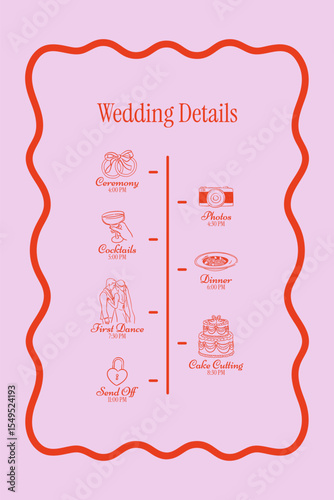 Minimalist wedding timeline with linear icons and clean layout. Simple ceremony schedule in doodle colorful pink style. Perfect for modern weddings, printable plans, event signage.
