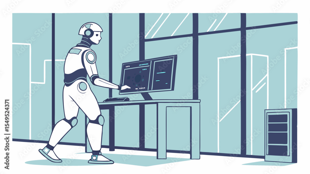 Fototapeta premium Humanoid Robot Operating Computer in Modern Office.