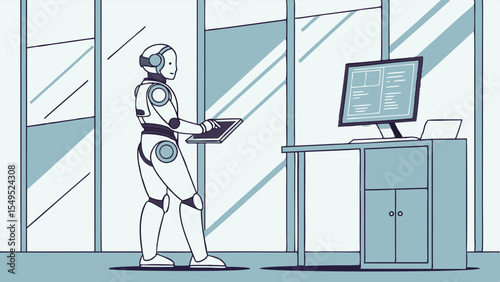 Robot holding tablet in office with computer and glass wall.