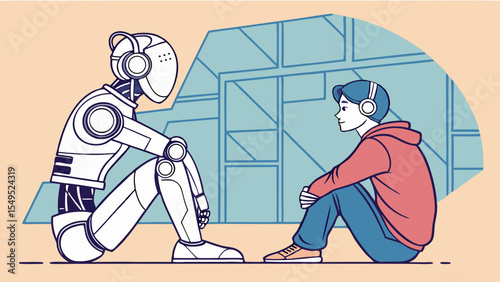 A Human and Robot Sitting and Facing Each Other in Dialogue.