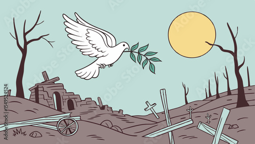 Dove of Peace Flying Over a WarTorn Landscape.