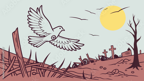 Dove of Peace Soaring Over WarTorn Landscape.