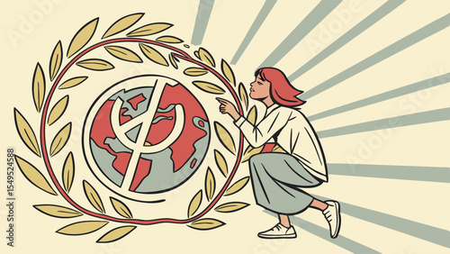 Woman Examining Earth Symbol with Laurel Wreath.