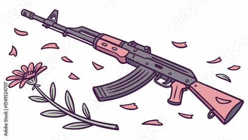 Stylized AK47 Assault Rifle with Flower and Petals Illustration.