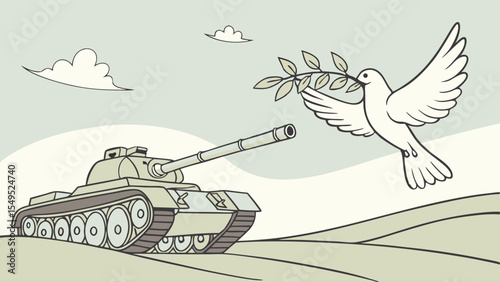 Dove with Olive Branch Flying Over a Tank on a Hill.