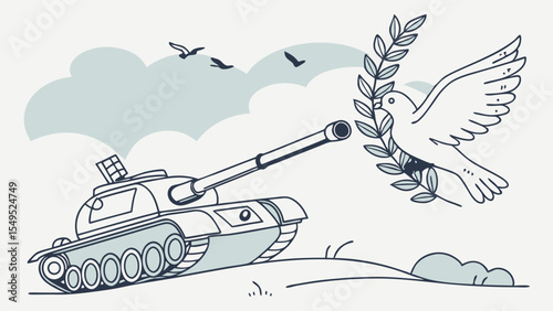 Military Tank and Peace Dove with Olive Branch Illustration.