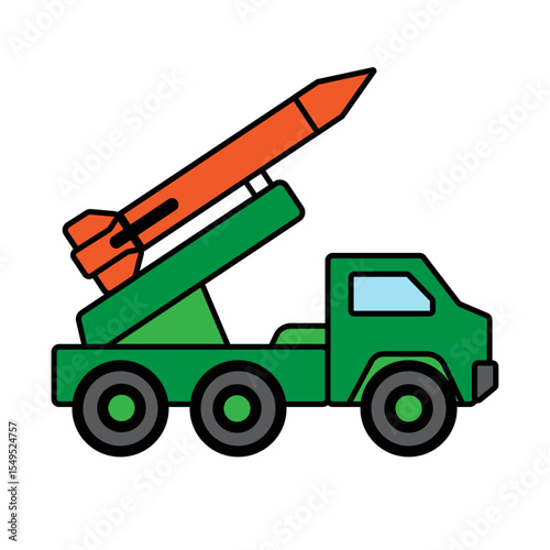 Cartoon Missile Launcher Truck Vector Illustration, Simple Green Military Rocket Vehicle Graphic, Kids Toy Style Rocket Launcher on Truck, Flat Design: Mobile Missile System Icon.