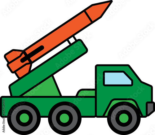 Cartoon Missile Launcher Truck Vector Illustration, Simple Green Military Rocket Vehicle Graphic, Kids Toy Style Rocket Launcher on Truck, Flat Design: Mobile Missile System Icon.