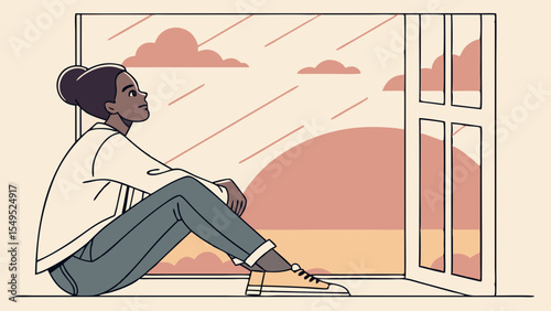 Woman sitting by window looking at the sky.