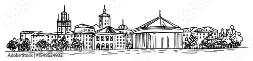 european city square with historic architecture sketch