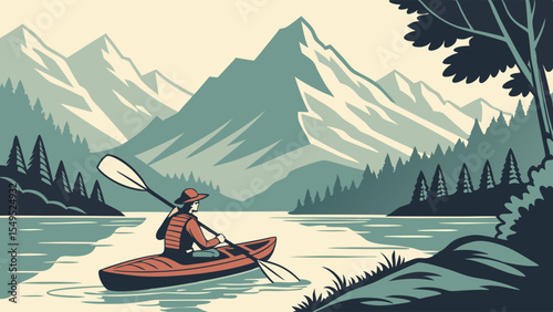 Kayaker Paddling on a Lake with Mountainous Landscape in View.