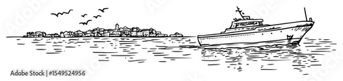 hand drawn yacht sailing near island coast vector illustration