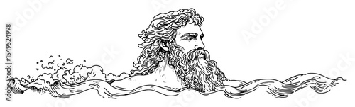 hand drawn poseidon head emerging from waves vector illustration