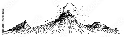 erupting volcano with smoke sketch style drawing