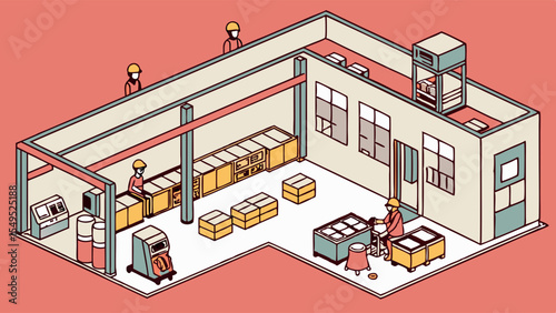 Isometric Illustration of Workers in a Factory or Industrial Setting.