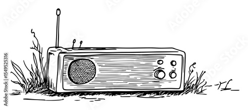 vintage radio in grass hand drawn sketch style