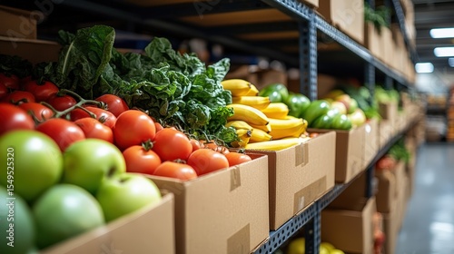 Shelves in a storage room hold fresh produce including tomatoes, leafy greens, bananas, and other fruits and vegetables in cardboard boxes.