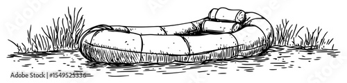 life buoy lying in grass hand drawn sketch style