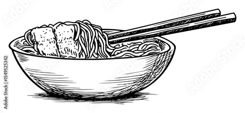 noodle bowl with chopsticks hand drawn vector