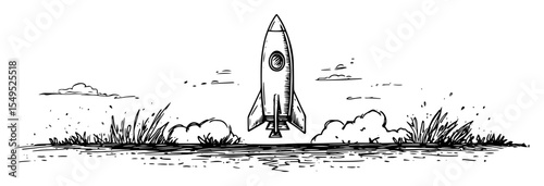 retro rocket on launch pad hand drawn sketch vector