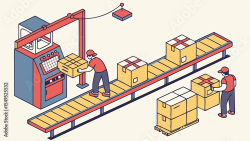 Factory Workers Handling Packages on a Conveyor Belt.