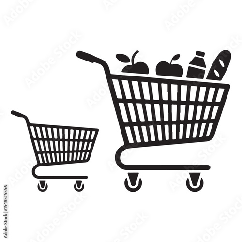 Shopping Cart Silhouette Vector with Groceries  Large and Small Trolley Set