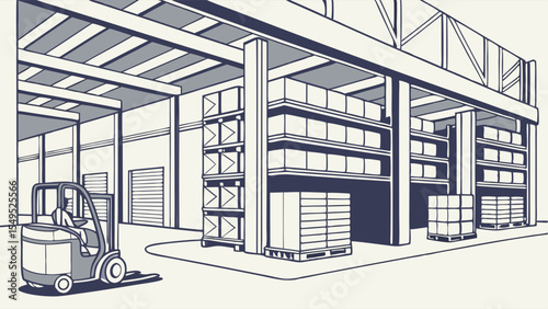 Warehouse Interior with Forklift Shelves and Boxes Illustration.