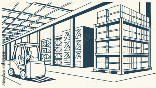 Warehouse Interior with Forklift and Storage Racks.