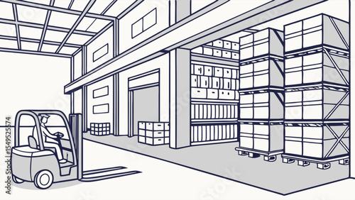 Forklift operator in warehouse with stacked boxes and shelving illustration.