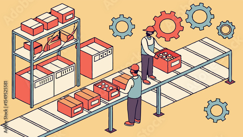 Illustration of Factory Workers and Production Line Operations.