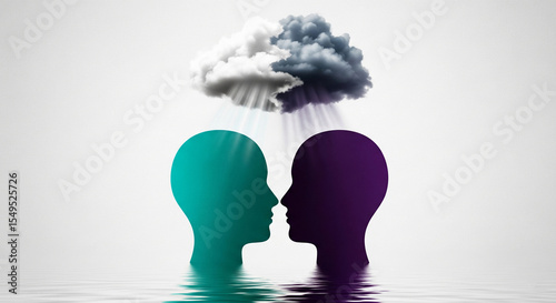 Two heads, teal and purple, face each other under a divided cloud, symbolizing shared experience or contrasting perspectives, ideal for mental health or relationship concepts
