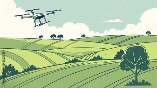 Drone Surveillance Over Verdant Fields: A drone soars gracefully above rolling green hills, surveying a landscape dotted with trees under a bright, clear sky.