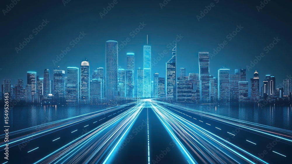 Fototapeta premium Futuristic city skyline at night, with glowing blue digital trails on a highway