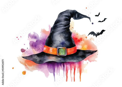 Halloween witch hat hand drawn holiday vector illustration with watercolor splashes background