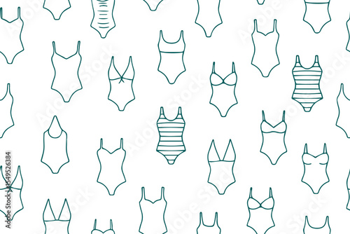 Seamless pattern of swimsuits in doodle style on white background. Hand drawn isolated fashion vector illustration. Vector 