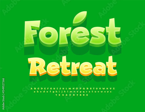 Vector Healthy concept Forest Retreat. Eco Green Font. Creative 3D Alphabet Letters and Numbers set. 