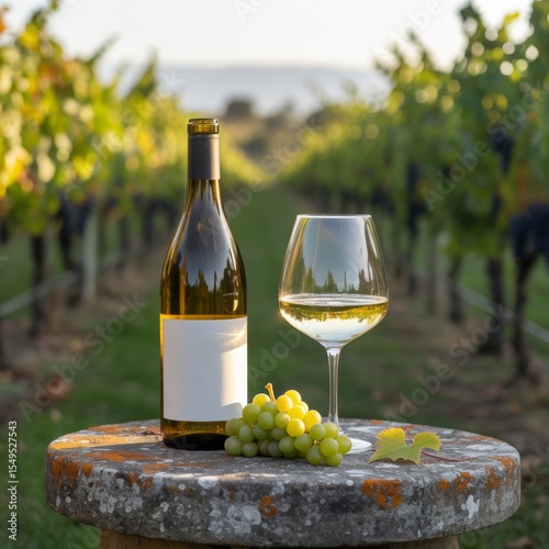 White wine bottle glass grapes vineyard sunset