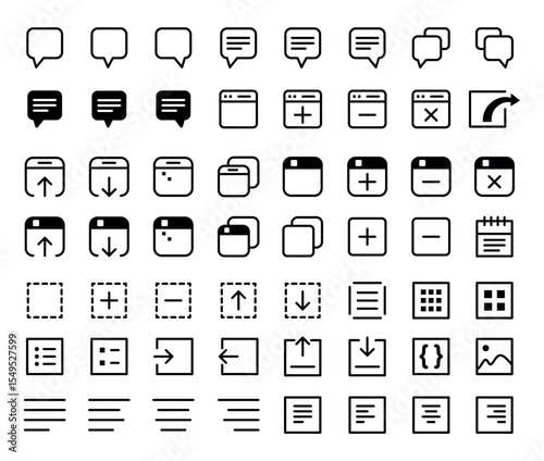 Minimal black web and UI icon set. Includes chat, window, file, calendar, folder, layout, upload, download, and text editor symbols. Perfect for websites, apps, and digital interface design.
